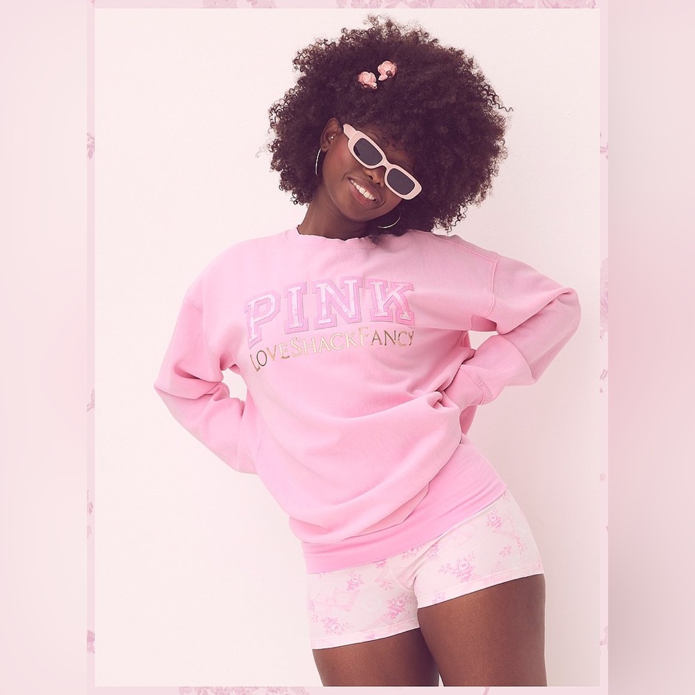 NWT PINK X LoveShackFancy Oversized Crew Sweatshirt Pink Lollipop Size Medium